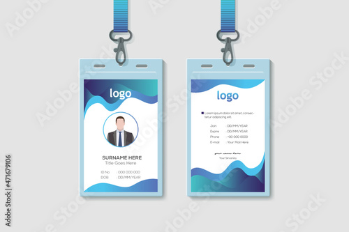 Modern Clean Vertical Double-sided Waves Style Blue Color ID Cards For Company Stuff. Flat Design Vector Illustration