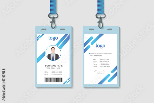 Simple Business  Office Vertical Double-sided Blue ID Card Design Template. Flat Identity Card Design Vector Illustration
