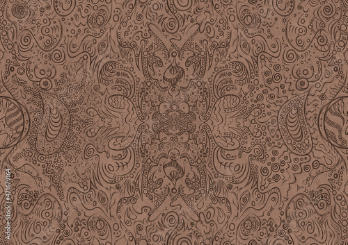 Hand-drawn unique abstract symmetrical seamless ornament. Brown on a light brown background. Paper texture. Digital artwork, A4. (pattern: p04a)