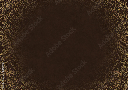 Dark brown textured paper with vignette of golden hand-drawn pattern. Copy space. Digital artwork, A4. (pattern: p04a)