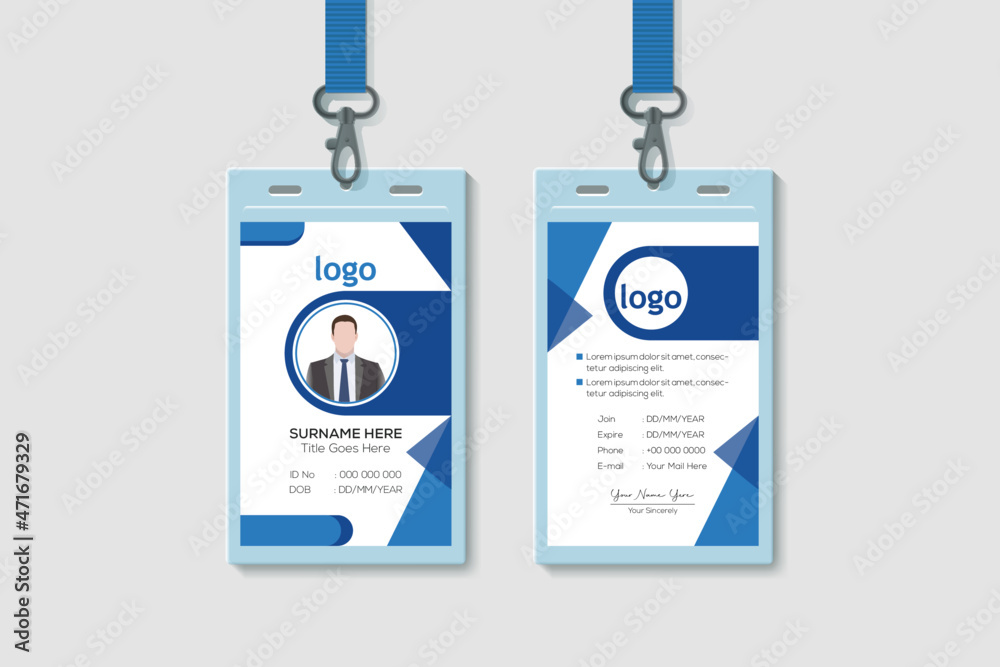 Simple Business Office Vertical Double-sided Blue ID Card Design Template. Flat Identity Card Design Vector Illustration Simple Business Office Vertical Double-sided Blue ID Card Design Template. Flat Identity Card Design Vector Illustration