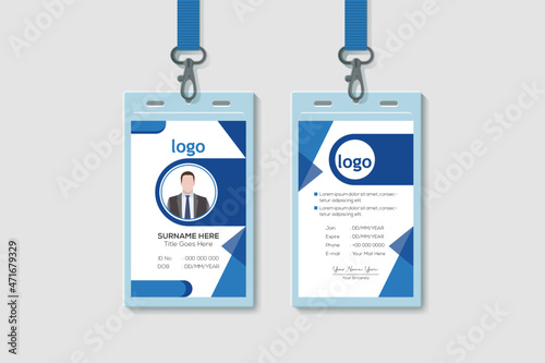 Simple Business  Office Vertical Double-sided Blue ID Card Design Template. Flat Identity Card Design Vector Illustration