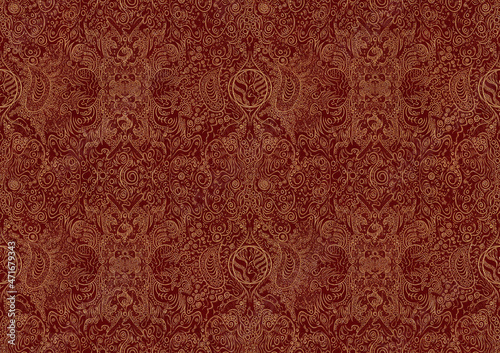Hand-drawn unique abstract symmetrical seamless gold ornament on a deep red background. Paper texture. Digital artwork, A4. (pattern: p04b)