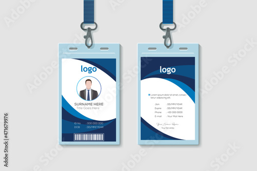 Modern Clean Vertical Double-sided Waves Style Blue Color ID Cards For Company Stuff. Flat Design Vector Illustration