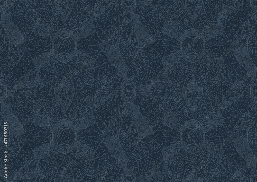 Hand-drawn unique abstract symmetrical seamless ornament. Light blue on a deep blue background. Paper texture. Digital artwork, A4. (pattern: p05b) Hand-drawn unique abstract symmetrical seamless ornament. Light blue on a deep blue background. Paper texture. Digital artwork, A4. (pattern: p05b)