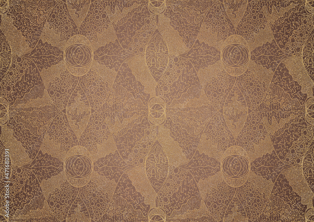 Hand-drawn unique abstract gold ornament on a light brown background, with vignette of darker backgound color and splatters of golden glitter. Paper texture. Digital artwork, A4. (pattern: p05b) Hand-drawn unique abstract gold ornament on a light brown background, with vignette of darker backgound color and splatters of golden glitter. Paper texture. Digital artwork, A4. (pattern: p05b)