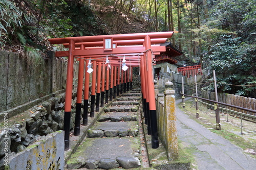 The access to Benzaiten Subordinate Shrine and red toriis in the precincts of Tanukidani-fudoumyou-in Shrine in Kyoto City in Japan                                                                                                             