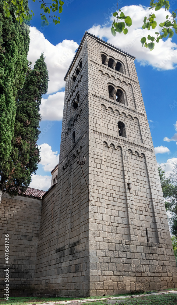 Fototapeta premium Bell tower of the Monastery of San Miguel, in Poble Espanyol, Spanish Village in Barcelona, Catalonia, Spain.