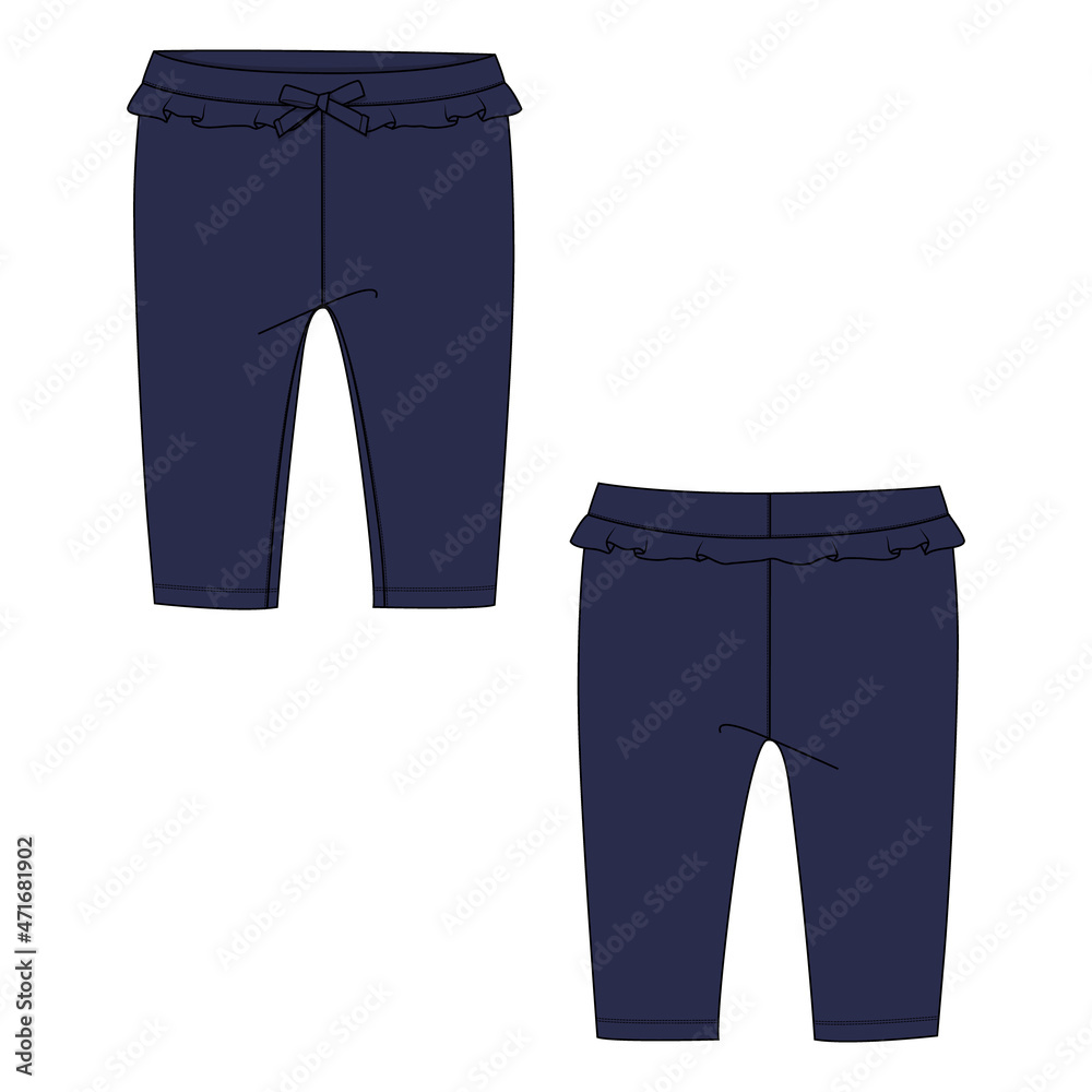 Cotton fabric pant for baby girls. Overall technical Fashion flat sketch vector template front and back view. Navy color Pant trousers collection basic apparel design mock up. Cotton fabric pant for baby girls. Overall technical Fashion flat sketch vector template front and back view. Navy color Pant trousers collection basic apparel design mock up.