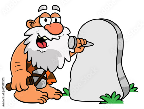 Cartoon Illustration of Caveman holding a hammer made of stone and stone chisel get ready to writing at inscription of stone, stone age living, best for mascot and sticker with prehistoric themes