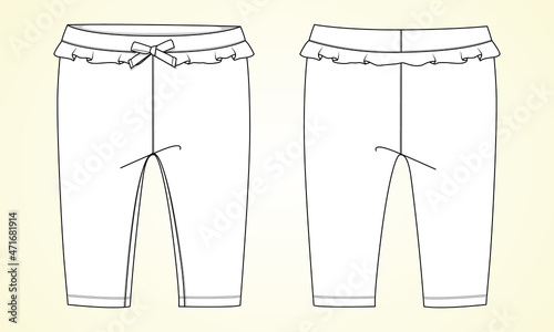 Cotton fabric pant for baby girls. Overall technical Fashion flat sketch vector template front and back view. Pant trousers collection basic apparel design mock up.