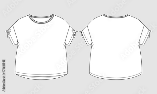 Short sleeve T-shirt Technical sketch fashion template for Women's and Girls. Vector art illustration Clothing mock up front, back view. Easy Edit customizable
