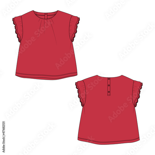 Baby girls dress design technical Flat sketch vector illustration template. Apparel clothing Mock up front and back views Isolated on White Background. Kids Fashion vector Art drawing easy editable.