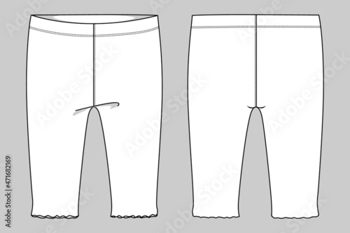 Cotton fabric pant for baby girls. Overall technical Fashion flat sketch vector template front and back view.  White  color Pant trousers collection basic apparel design mock up.
