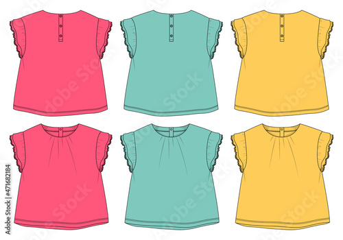 Multicolor set of collection Baby girls dress design technical Flat sketch vector illustration template. Apparel clothing Mock up front and back views Isolated on White Background.

