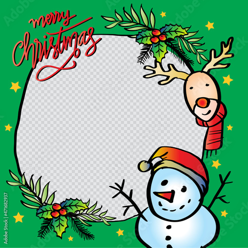 Christmas photo frame with Snowman and cute reindeer.