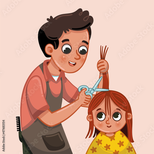 Vector illustration of little girl getting a haircut at the hairdresser's.