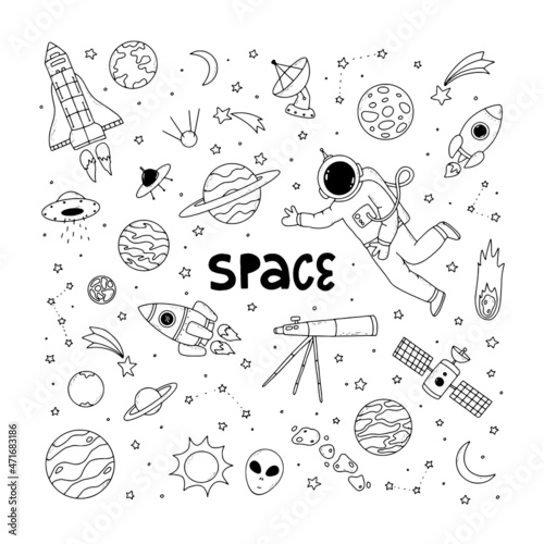 set of space doodles icolated on white background. Good for coloring pages, prints, cards, posters, scrapbooking, stationary, etc. EPS 10 photo