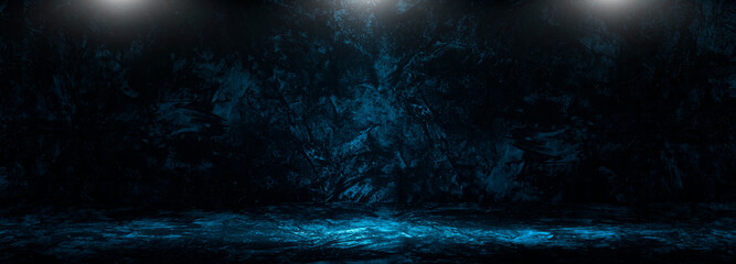Empty dark blue abstract cement wall and studio room  the interior texture for display products wall background