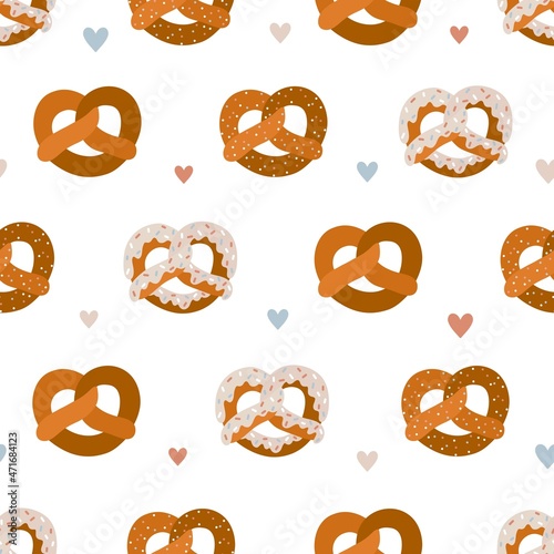Seamless vector pattern with hand drawn frosting covered pretzels and hearts. Chocolate dipped pastry. Cute winter holidays treat background for gift, wrapping paper, packaging, fabric, textile, card.