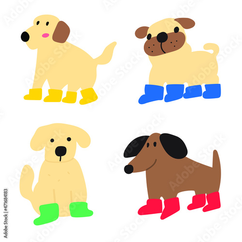 Collection of dogs wearing shoes. Vector hand drawn illustration on white background. 