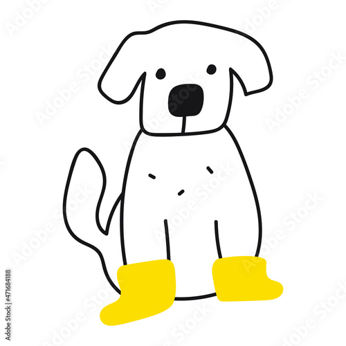 Outline icon. Dog wearing rubber yellow rain boots. Illustration on white background.