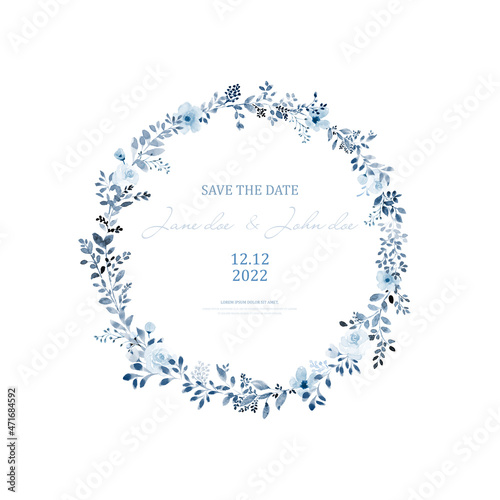 Fotografija Watercolor wreath of blue flower and leaves