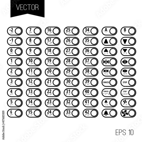Oval elevator system buttons, icons, controls vector template.