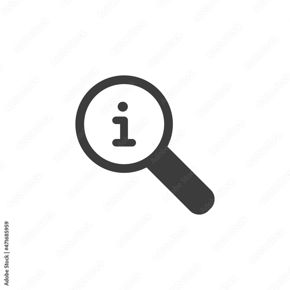 Magnifying glass icon with info sign on white background Magnifying glass icon with info sign on white background