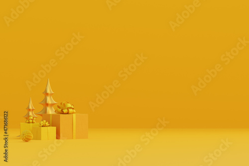 3D rendered yellow and gold product showcase with a yellow background.
