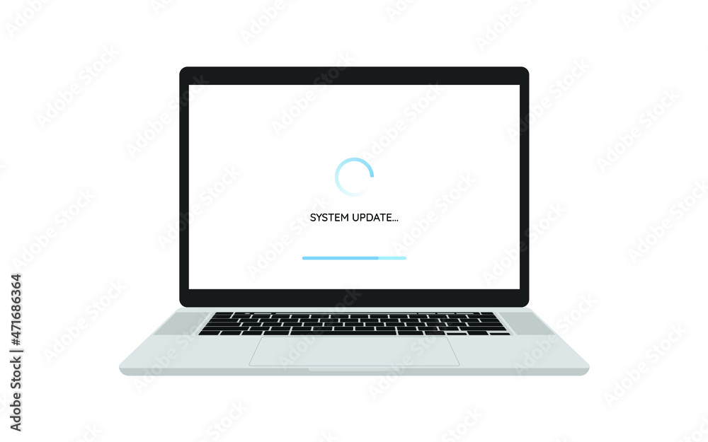 Computer laptop repair or Installing software system development concept. Data system update or synchronize with bar process with loading process in laptop screen isolated on white background. Computer laptop repair or Installing software system development concept. Data system update or synchronize with bar process with loading process in laptop screen isolated on white background.