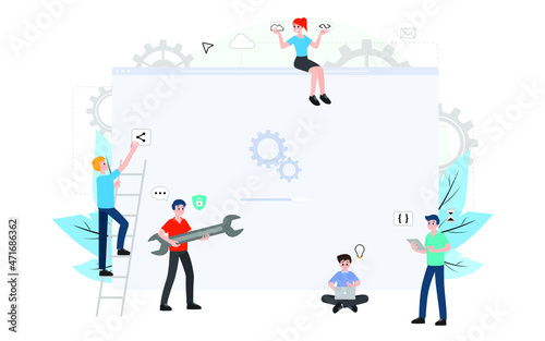 IT administrator with software upgrade process on website. Digital system device administration, network upkeeping, network systems configuration concept. System maintenance application vector.