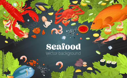 Fish restaurant seafood dishes food cooked gourmet dinner background.