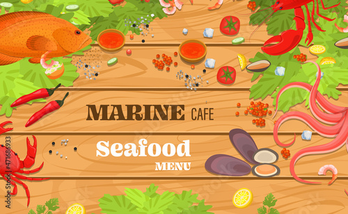 Realistic sea food top view background. Fish restaurant seafood dishes food cooked from fish meat on a cutting board.