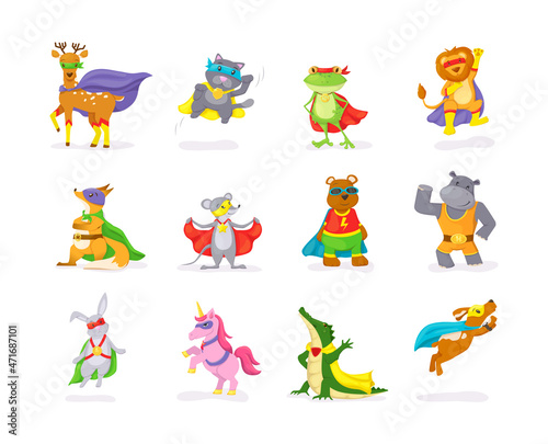 Funny animals wearing superheroes capes and masks set. Cute childish comic deer  cat  frog  lion