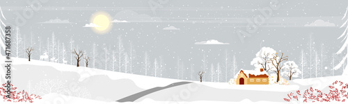 Winter landscape with snowing covring,Vector illustration  wonderland farm house in village with forest pine tree and branches without leaves.Horizontal banner for Christmas holiday or New year 2022