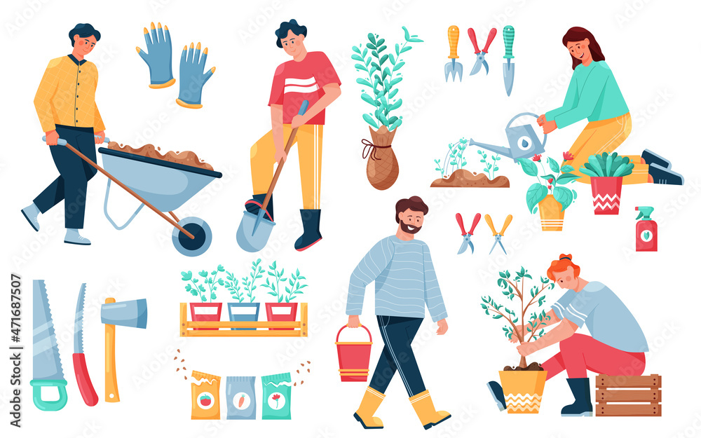 People gardeners. Cartoon characters working with seeds plants and soil in garden and farm, male and female workers planting vegetables. Vector set