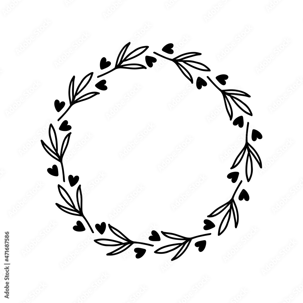 Hand-drawn wreath with hearts. Black plant doodle wreath.