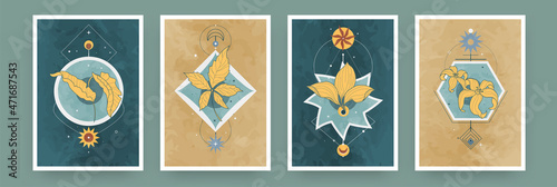 Abstract magic posters. Minimalistic geometric banners with thin line botanical elements and mystic astrology symbols. Vector vintage boho placards