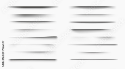 Paper shadow. Realistic page edge shadow overlay and 3D divider effect, poster and banner bottom and side transparent shadow. Vector isolated shaded box set