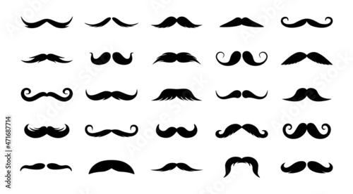 Isolated moustaches. Black cartoon silhouette of adult man mouth facial hair style, barbershop moustache shaving templates. Vector funny set photo