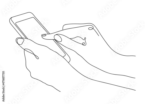 Hands are holding a Mobile phone. One Line style illustration. Endless drawing. Isolated elements on a white background. Quality assessment, information search, leaving Reviews and Feedback.