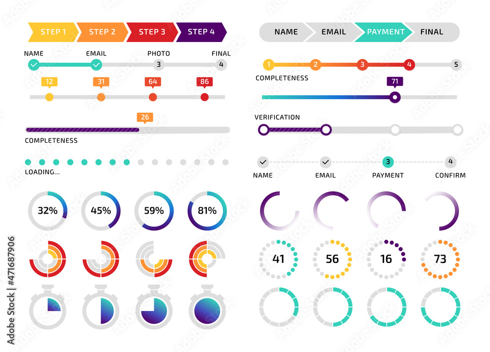 Round loader and progress bar kit, app screen interface download graphic element, time tracker widget. Vector smartphone infographic set
