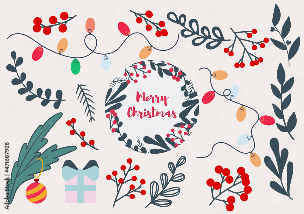 Christmas elements. Vector illustration for design, greeting cards, stickers.