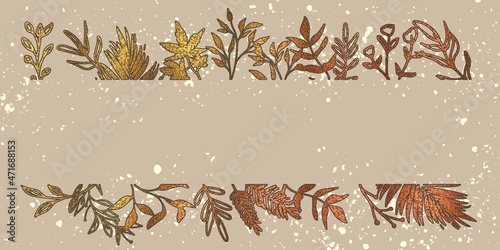 Watercolor background in brown tones with light effects. Plants and grasses with bronze and gold colored gradients decorate this banner. Lots of space for your own design. 