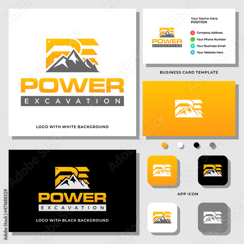 Excavation mountain logo design with business card template.