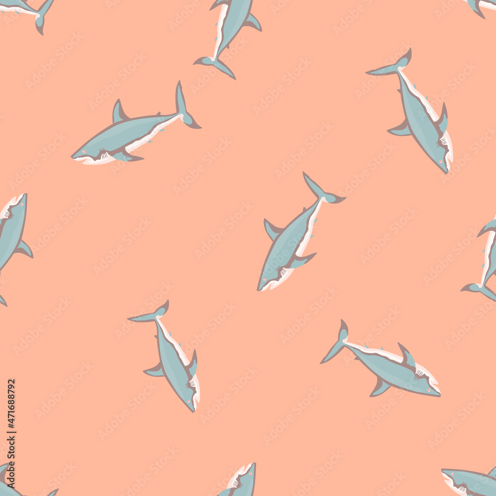 Seamless pattern shark on pink background. Texture of gray marine fish for any purpose.