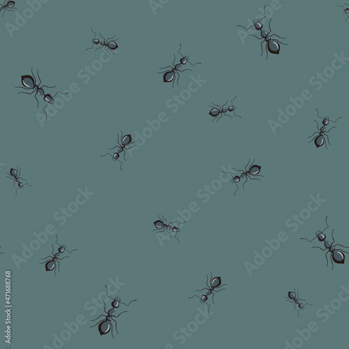 Seamless pattern colony ants on dark green background. Vector insects template in flat style for any purpose. Modern animals texture.