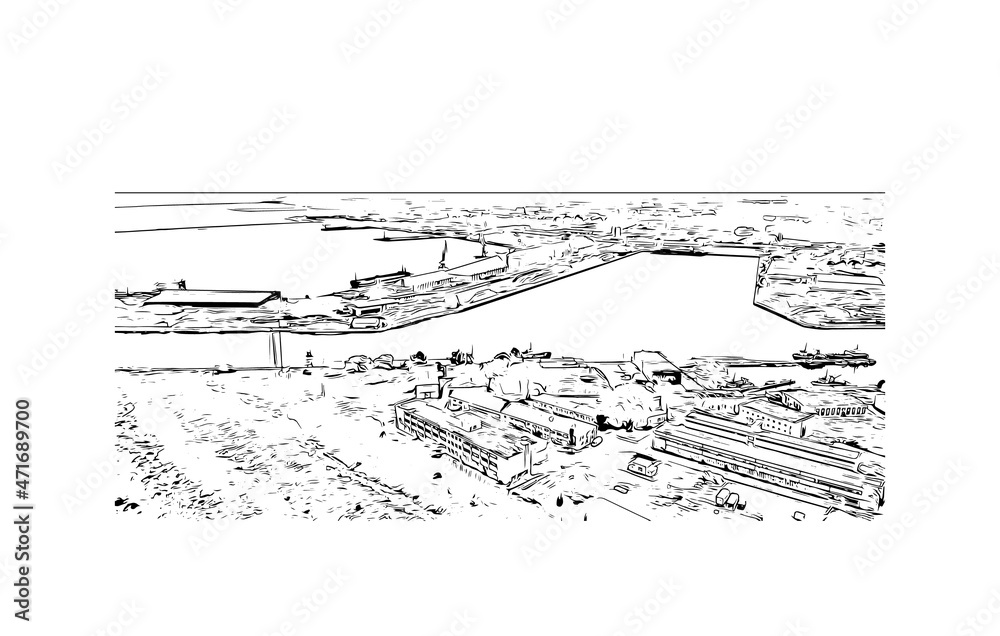 Obraz premium Building view with landmark of Liepaja is the city in Latvia. Hand drawn sketch illustration in vector.
