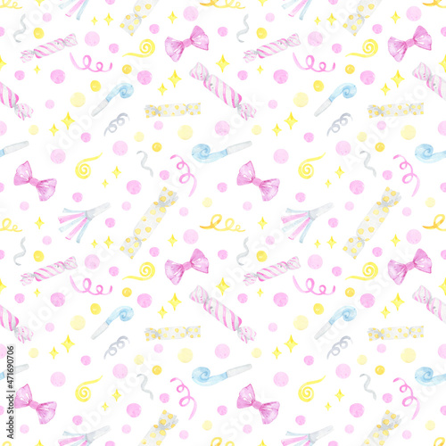 Wallpaper Mural Seamless pattern holiday, carnival pink watercolor. Confetti, bows, streamers digital paper. Perfect for a Stylish Party, Bachelorette Party, Cocktail Party, New Year Torontodigital.ca